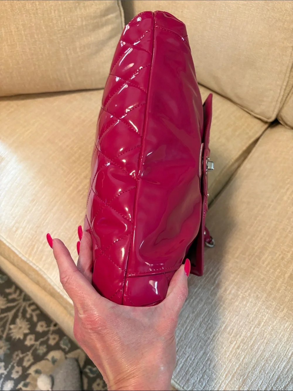 Rare Coach Hot Pink Patent Quilted Shoulder Bag with Silver Chain Straps. - Picture 7 of 15